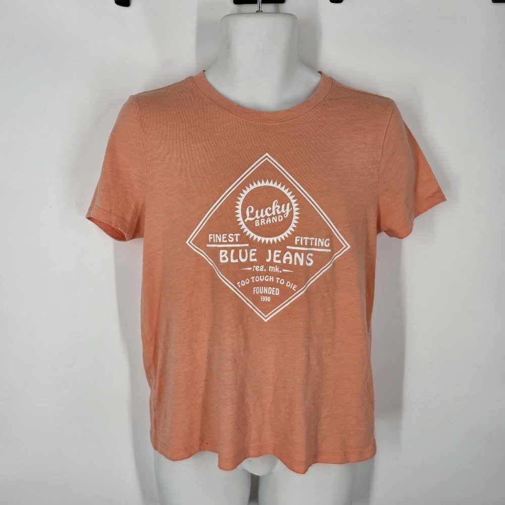 Lucky Brand Peach Blue Jeans Graphic Tee Size Medium Soft Cotton